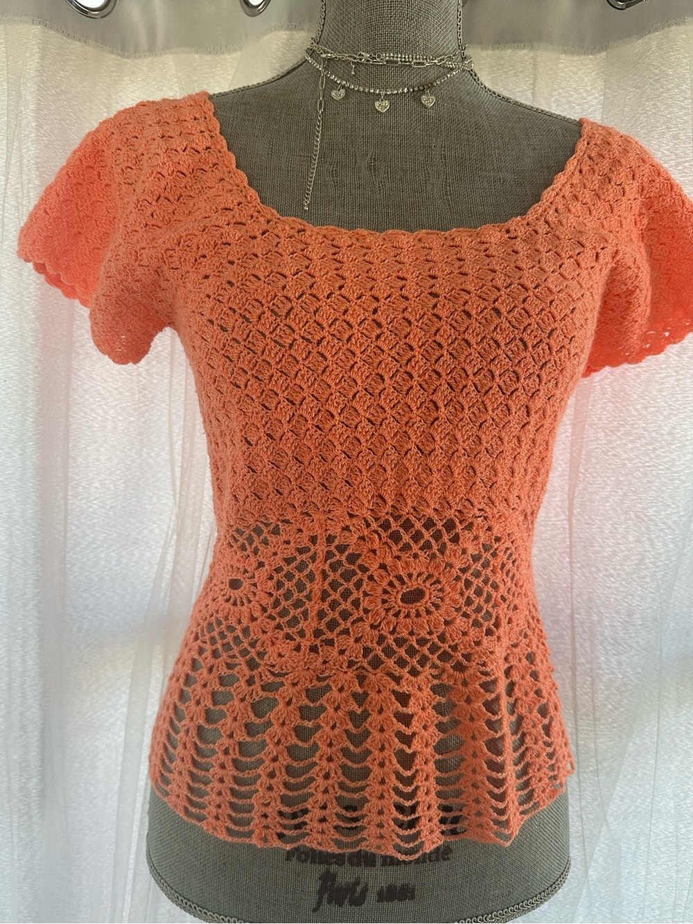 Handmade Crocheted Coral Short-Sleeve Women’s Blouse